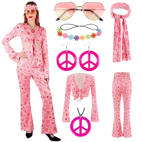 Gigquake Hippie Kostüm Damen- 60er 70er Jahre Outfits- 60s 70s Hippie Be Kleidung Schlaghose- Hippie Boho Accessoires- Fasching Kostüme Mottoparty Disco Halskette Ohrringen Stirnband Sonnenbrille von Gigquake