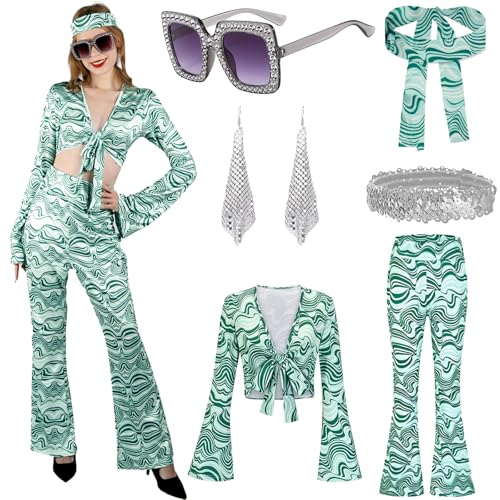 Gigquake Hippie Kostüm Damen- 60er 70er Jahre Outfits -60s 70s Hippie Be Kleidung Schlaghose- Hippie Boho Accessoires- Fasching Kostüme Mottoparty Disco Halskette Ohrringen Stirnband Sonnenbrille von Gigquake