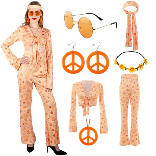 Gigquake Hippie Kostüm Damen Set, Hippie Kleidung Zubehör 60er 70er Jahre Outfit Frau Faschingskostüme Hippie Bekleidung Oberteil Accessoires, 70er Schlaghose für Karneval Mottoparty Disco Cosplay von Gigquake