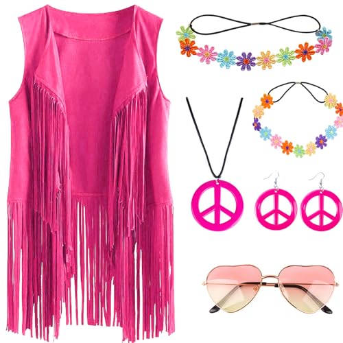 Hippie Kostüm Damen Weste Set- Retro Boho Hippie Kleidung Accessoires Damen Rosa Hippie Weste 60er 70er Jahre Bekleidung Damen Disco Outfit Cowgirl Faschingskostüme Hippie Fransenweste Frau Karneval von Gigquake