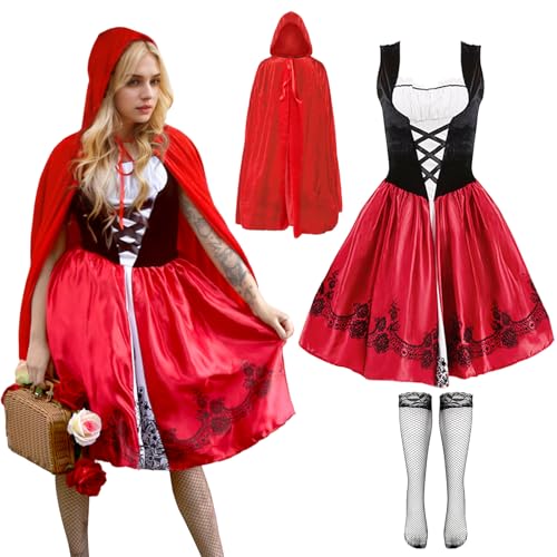 Damen Rotkäppchen Kostüm Umhang, Erwachsene Karneval Kostüm Roter Umhang mit Kapuze Spitze Little Red Riding Hood Langes Kleid Outfit für Fasching Cosplay Themenparty Festlich Partykleid Bekleidung von Gigquake