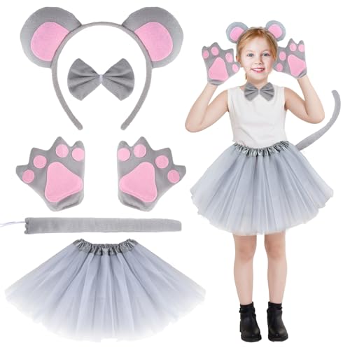 Maus Kostüm Kinder- 6 Pcs Maus Kostüm Mädchen- Maus Verkleidung Zubehör mit Maus Tüll Rock Stirnband Fliege Schwanz Haarreifen Ohren Karneval Fasching Cosplay Tier Kostüm Mottoparty Accessoires von Gigquake