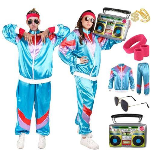 90er 80er Jahre Outfit Herren Damen- Retro 90er Trainingsanzug Jogginganzug 80er Jahre Accessoires Bad Taste Kostüm Jacke Hose Anzug Disco Party Kleidung für 80s 90s Mottoparty Schlagerparty Karneval von Gigquake