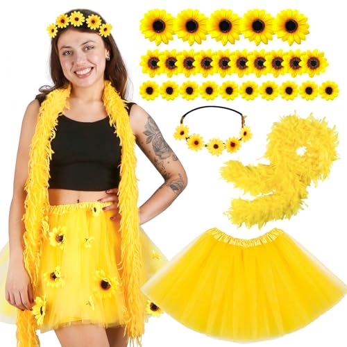 Sonnenblumen Kostüm Damen Tüllrock Gelb, 28Pcs Tüll Karneval Tütü Blumen Kostüme mit Tutu Rock Dirndl Sonnenblumen Haarreif Federboa Blütenköpfe für Kleidung Mottoparty Fasching Hawaii Party Zubehör von Gigquake