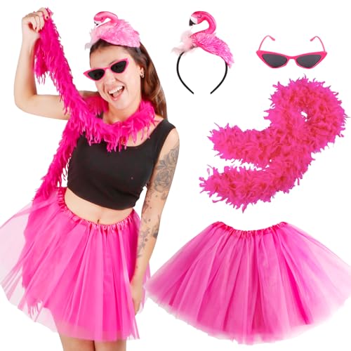 Flamingo Kostüm Damen Tüllrock Rosa, 4Pcs Tüll Karneval Tütü Kostüme mit Tutu Rock Dirndl Klassisch Flamingo Haarreif Federboa Sonnenbrille für Dress Mottoparty Valentinstag Fasching Party Accessoires von Gigquake