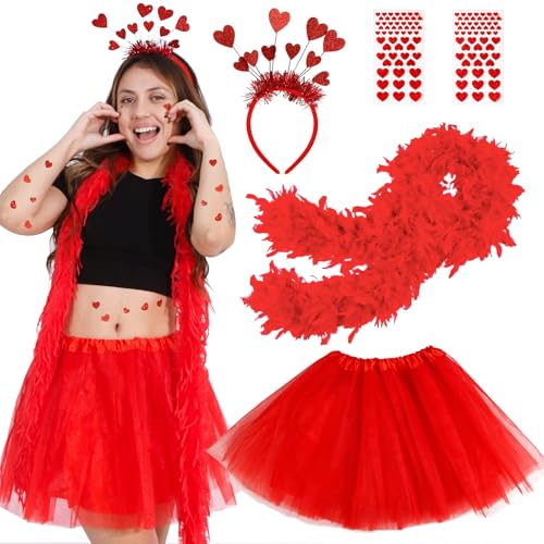 Amor Kostüm Damen Tüllrock Rot, 5Pcs Tüll Karneval Tütü Kostüme mit Tutu Rock Klassisch Herzchen Haarreif Federboa Rote Herz Aufkleber für Dress Up Mottoparty Valentinstag Fasching Party Accessoires von Gigquake