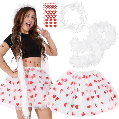 Amor Kostüm Damen Tüllrock Weiß, 5Pcs Tüll Karneval Tütü Kostüme Set mit Tutu Rock Klassisch Engel Haarreif Federboa Rote Herz Aufkleber für Dress Up Mottoparty Valentinstag Fasching Party Accessoires von Gigquake