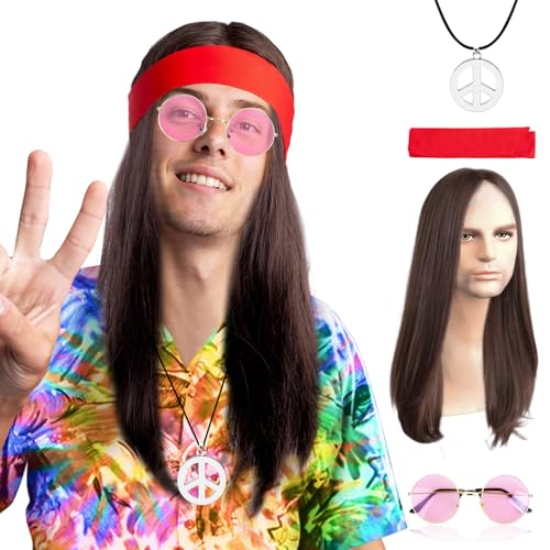 Hippie Kostüm Damen Herren Accessoires, Hippie Perücke Damen Flower Power Hippy Accessoires 60er 70er Jahre Zubehör Karneval Fasching Hippie Sonnenbrille Stirnband Peace Kette Disco Mottoparty von Gigquake