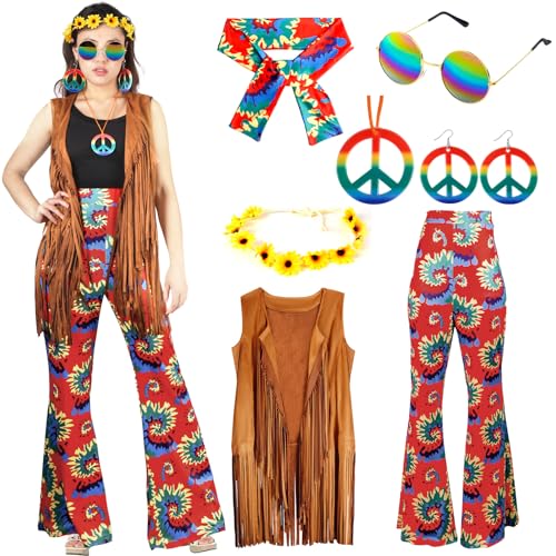 Hippie Kostüm Damen Retro Set- 60er 70er Hippie Accessoires Fransenweste Schlaghose Damen Bekleidung Damen Disco Outfit Kleidung Frau Brille Halskette Regenbogen Faschingskostüm Karneval Kostümparty M von Gigquake