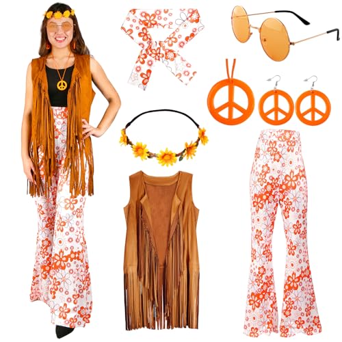 Hippie Kostüm Damen Retro Set-60er 70er Hippie Accessoires Fransenweste Schlaghose Damen Orange Bekleidung Damen Disco Outfit Hippie Kleidung Frau Brille Halskette Faschingskostüm Karneval Kostümparty von Gigquake