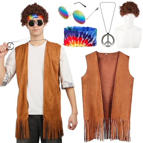 Hippie Kostüm Herren Set- 60er 70er Jahre Outfit Herren Kleidung Hippie Accessoires Bekleidung mit Hippie Weste Brille Peace Kette Perücke Stirnband, Disco Fransenweste Boho Faschingskostüme Karneval von Gigquake