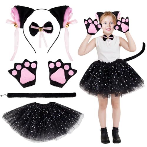 Katzen Kostüm Kinder- 6 Pcs Schwarz Tier Verkleidung Kostüm Zubehör Katze Set mit Nohren Schwanz Fliege Handschuhe Stirnband Tutu Rock für Mädchen Geburtstags Karneval Fasching Cosplay Mottoparty von Gigquake