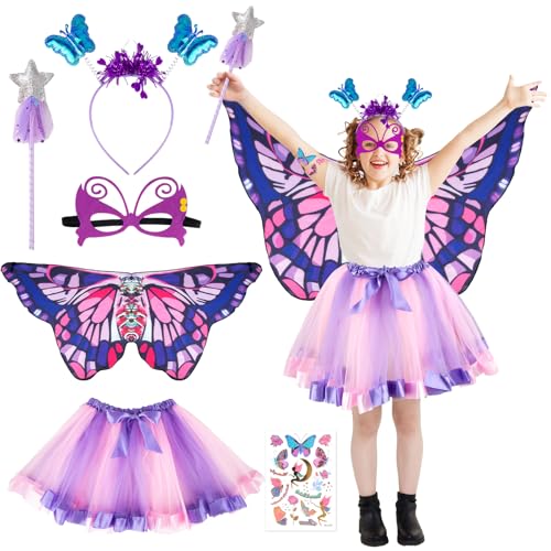 Schmetterling Kostüm Kinder- 6PCS Schmetterlingsflügel Bunte Schmetterlings Flügel Mädchen Set mit Maske, Tutu Rock, Haarbänder, Feenstäbe, Schmetterling Umhang Kostüm für Fasching Cosplay Karneval von Gigquake