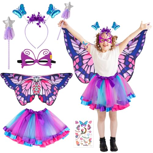 Schmetterling Kostüm Kinder- 6 Stück Bunte Tier Kostüm Schmetterling Cosplay Set- Karneval Prinzessin Kleid Mädchen Zubehör Engelsflügel Maske Tutu Rock Haarreif Tattoos Feenstab Fasching Kostüm von Gigquake