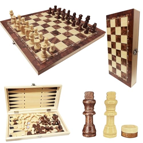 Schachspiel aus Holz,3 in 1 Schachbrett Holz Hochwertig Schach Dame Backgammon, Tragbares und Faltbares Chess Board Set, Faltbares Schach Brett Set für Kinder Erwachsene Party Reisen von Gigtoop