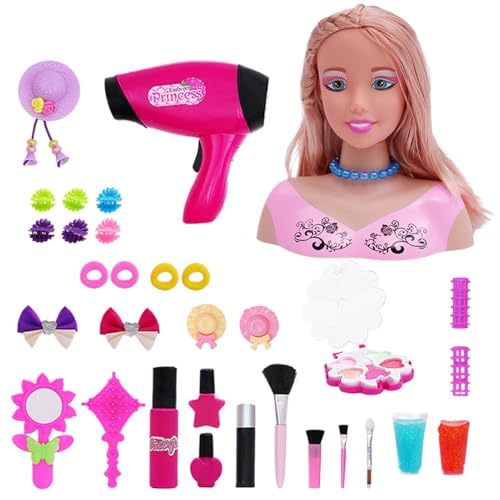 Gihioue Haarstyling Puppenkopf Make Up Für Mädchenspielzeug, 33teiliges Übungs Schönheitsset Zum Rollenspiel Mit Haartrockner, Haarnadeln, Kämmen Und Zubehör Für Geburtstag, Ostern, Kinder von Gihioue