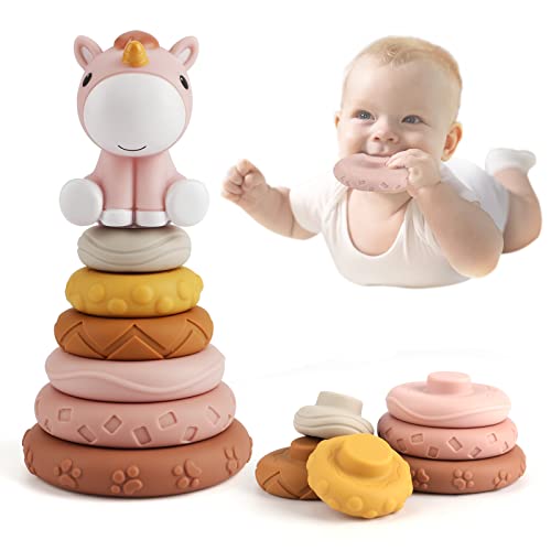 Gilowin 7 Stück Stapelspielzeug mit Ringen, Squeeze Zahnen Babyspielzeug, Nistkreis Baukreis mit Pferdefigur, Früherziehung Spielzeug Geschenke für 6 12 18 Monate Baby Kleinkind Jungen Mädchen von Gilowin