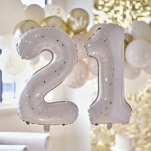 Ginger Ray 21st Birthday 2 Foil Number Balloons in Neutral & Gold Speckle with Inflation Straw Milestone Balloon Bundle - 26 Inches von Ginger Ray