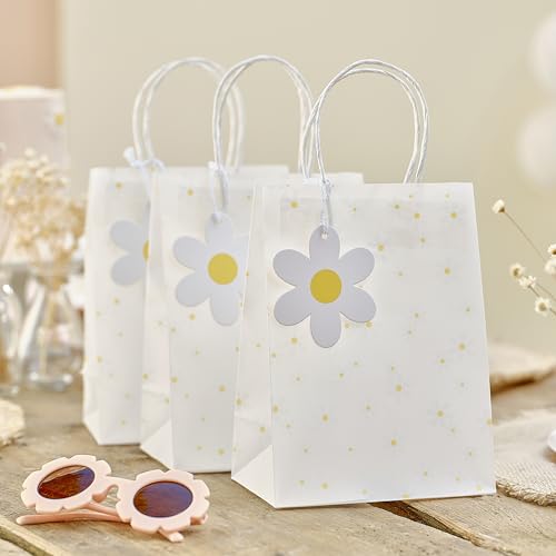 Ginger Ray Partytüten aus Pergamentpapier mit Gänseblümchenmuster, Bastgriffen und Gänseblümchen-Geschenkanhängern, 5er-Pack von Ginger Ray