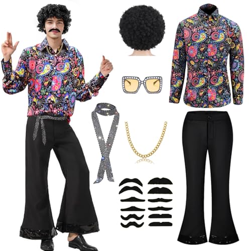 Ginkago 70er Jahre Disco Kostüm Set, 8PCS Hippie Herren Outfit mit Glitzer Schlaghose Hemd 80s Fasching Bekeidung für 50s 60s 70s Cosplay Halloween Party XL von Ginkago