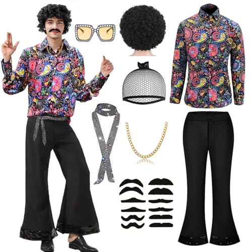 Ginkago 70er Jahre Disco Kostüm Set, 8PCS Hippie Herren Outfit mit Glitzer Schlaghose Hemd 80s Fasching Bekeidung für 50s 60s 70s Cosplay Halloween Party XL von Ginkago