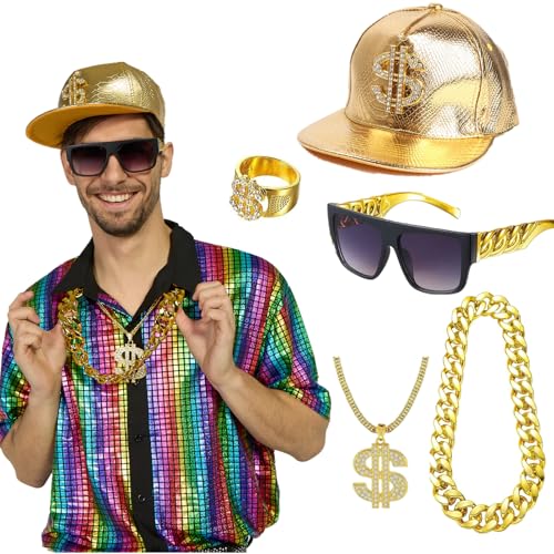 80er 90er Jahre Accessoires 5pcs Hip Hop Rapper Kostüm mit Baseballkappe Sonnenbrille Goldkette Dollar Ring 80er Jahre Outfit für Mottoparty Halloween Karneval Fasching von Ginkago