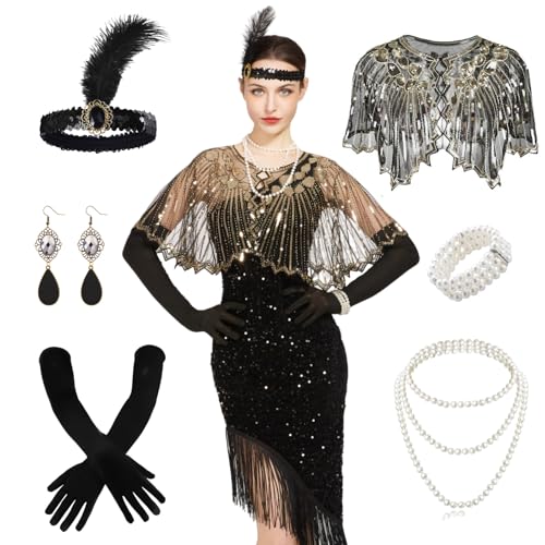 Ginkago 20er Jahre Kostüm Set 20er Jahre Charleston Kleid mit Accessoires Perfekte für 20er Jahre Kostüm Damen, Karneval, Halloween (L) von Ginkago