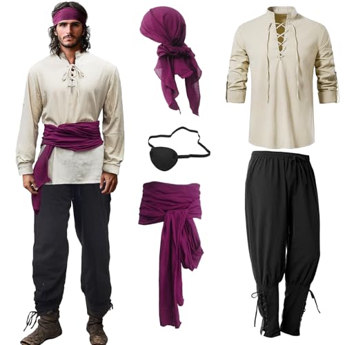 Ginkago Piratenkostüm Set Piraten Augenklappe Mittelalter Hemd Hose Herren Piratentuch Mittelalter Kostüm Set Faschingskostüme Für Karneval, Halloween und Cosplay Partys (Khaki, S) von Ginkago