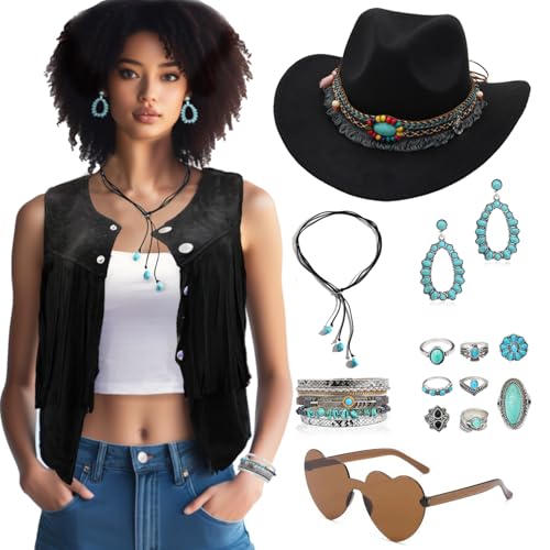 Ginkago Hippie Kostüm Set Cowgirl Western Outfit mit Fransenweste Hippie Ohrringe Brille Boho Armband Halskette Mode 60er 70er Jahre Bekleidung für Karneval Mottoparty von Ginkago