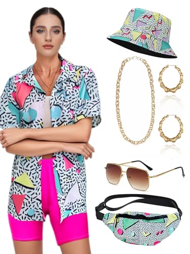 Ginkago 80er 90er Jahre Kostüm Damen 80er Jahre Outfit Set mit Hawaii Shirt 80s Leggings Retro Fischerhüte Gläser Ohrringe Halskette Bauchtasche karneval Party Kostüm (Blau, M) von Ginkago