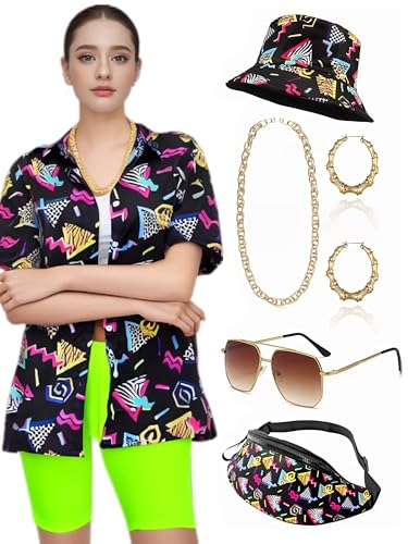 Ginkago 80er 90er Jahre Kostüm Damen 80er Jahre Outfit Set mit Hawaii Shirt 80s Leggings Retro Fischerhüte Gläser Ohrringe Halskette Bauchtasche karneval Party Kostüm (Schwarz, L) von Ginkago