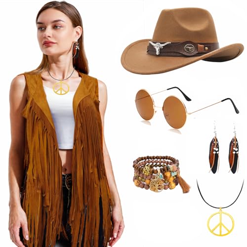 Ginkago Hippie Kostüm Set Cowgirl Western Outfit mit Fransenweste Hippie Ohrringe Brille Boho Armband Halskette Mode 60er 70er Jahre Bekleidung für Karneval Mottoparty von Ginkago