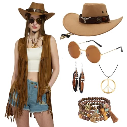 Ginkago Hippie Kostüm Set Cowgirl Western Outfit mit Fransenweste Hippie Ohrringe Brille Boho Armband Halskette Mode 60er 70er Jahre Bekleidung für Karneval Mottoparty von Ginkago