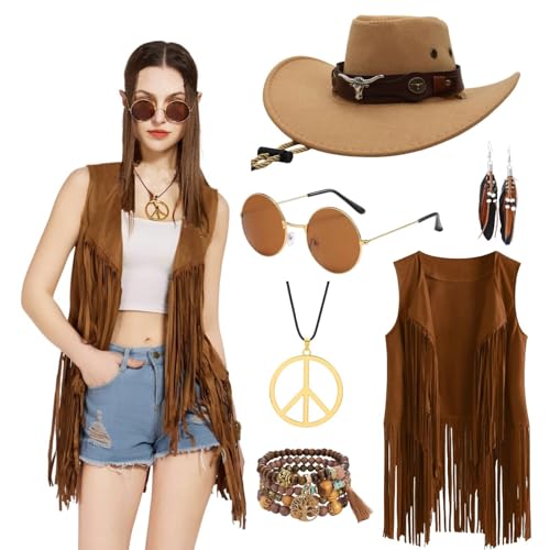 Ginkago Hippie Kostüm Set Cowgirl Western Outfit mit Fransenweste Hippie Ohrringe Brille Boho Armband Halskette Mode 60er 70er Jahre Bekleidung für Karneval Mottoparty von Ginkago