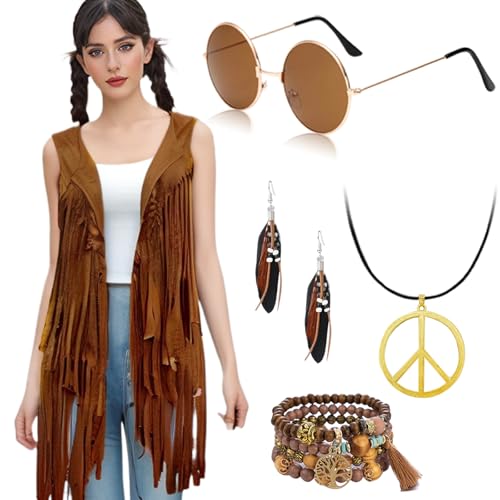 Ginkago Hippie Kostüm Set Cowgirl Western Outfit mit Fransenweste Hippie Ohrringe Brille Boho Armband Halskette Mode 60er 70er Jahre Bekleidung für Karneval Mottoparty von Ginkago