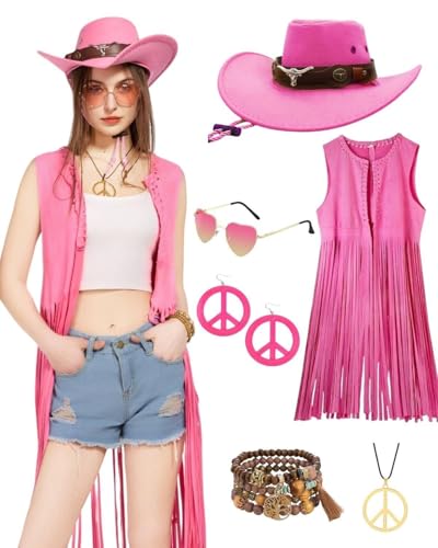 Ginkago Hippie Kostüm Set Cowgirl Western Outfit mit Fransenweste Weste Hippie Ohrringe Brille Armband Halskette Mode 60er 70er jahre bekleidung für karneval Mottoparty (Rosa, L) von Ginkago