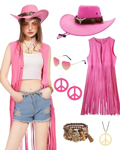 Ginkago Hippie Kostüm Set Cowgirl Western Outfit mit Fransenweste Weste Hippie Ohrringe Brille Armband Halskette Mode 60er 70er jahre bekleidung für karneval Mottoparty (Rosa, XXL) von Ginkago