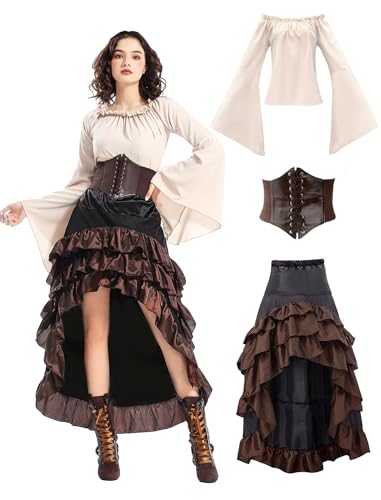 Ginkago 3PCS Mittelalter Piratenkostüm Set Mittelalter Kleid Damen mit Piraten Korsett Oberteil Rock Faschingskostüm für Halloween Karneval Cosplay (Braun, M) von Ginkago