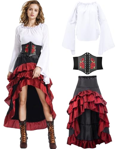 Ginkago 3PCS Mittelalter Piratenkostüm Set Mittelalter Kleid Damen mit Piraten Korsett Oberteil Rock Faschingskostüm für Halloween Karneval Cosplay (Rot, L) von Ginkago