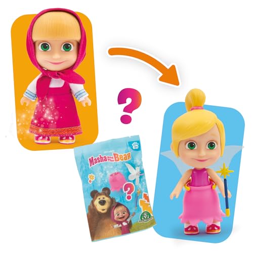 Giochi Preziosi Mascha und der Bär Masha Puppe 12 cm mit abnehmbarem Kleid und Haaren, 3 Überraschungstüten und Zubehör, um die Puppe in eine Fee zu verwandeln, für Kinder ab 3 Jahren von Giochi Preziosi