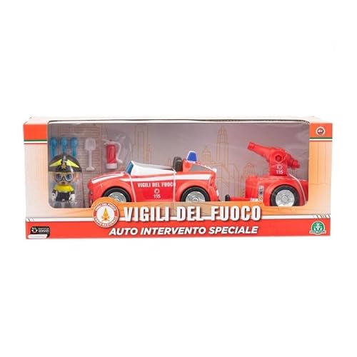 Giochi Preziosi Feuerwehr - Feuerwehrauto mit Original Freilauf-Licht, Anhänger und Feuerwehrmann 7 cm mit Ausrüstungszubehör, für Kinder ab 4 Jahren von Giochi Preziosi