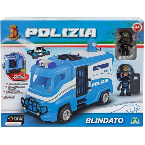 Giochi Preziosi Polizei - Gepanzerte Polizei mit Original-Lackierung mit Freilauf. Inklusive Zelle, Innenraum, Figur 7 cm in offizieller Uniform und Zubehör. Für Kinder ab 4 Jahren von Giochi Preziosi