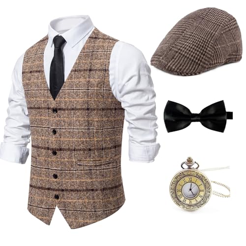 Gionforsy 1920er Herren-Kostüm, Gatsby, Gangster, Weste, Fedora, Hut, Hosenträger, Fliege, Kostümzubehör-Set, Heller Kaffee, M Gionforsy 1920er Herren-Kostüm, Gatsby, Gangster, Weste, Fedora, Hut, Hosenträger, Fliege, Kostümzubehör-Set, Heller Kaffee, M von Gionforsy