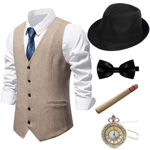 Gionforsy 1920er Herren-Kostüm, Gatsby, Gangster-Weste, Fedora-Hut, Hosenträgern, Fliege, Kostümzubehör-Set (Beige, M) von Gionforsy