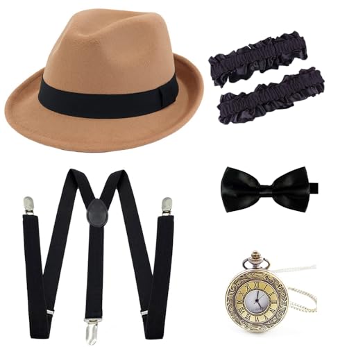 Gionforsy 1920s Accessoires für Herren 20er Jahre Gatsby Gangster Kostüm Zubehör Set Filz Fedora Panama Hut Brüllend 20er Jahre Kostüm, Beige, Einheitsgr��e von Gionforsy