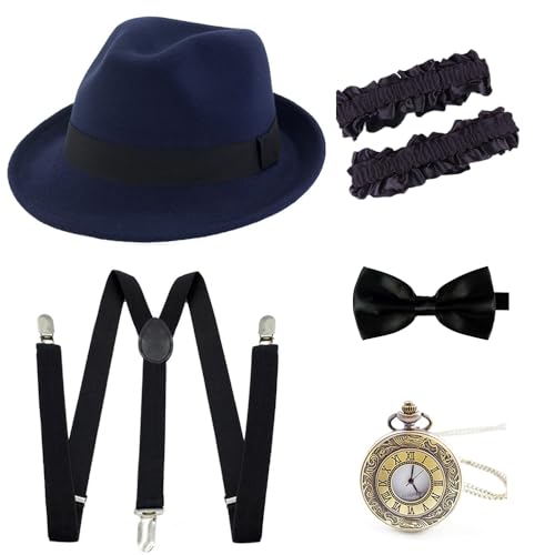 Gionforsy 1920s Accessoires für Herren 20er Jahre Gatsby Gangster Kostüm Zubehör Set Filz Fedora Panama Hut Brüllend 20er Jahre Kostüm, Dunkelblau, Einheitsgr��e von Gionforsy