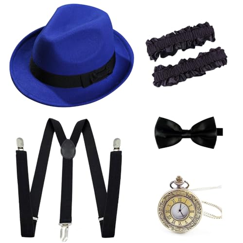 Gionforsy 1920s Accessoires für Herren 20er Jahre Gatsby Gangster Kostüm Zubehör Set Filz Fedora Panama Hut Brüllend 20er Jahre Kostüm, Königsblau, Einheitsgr��e von Gionforsy