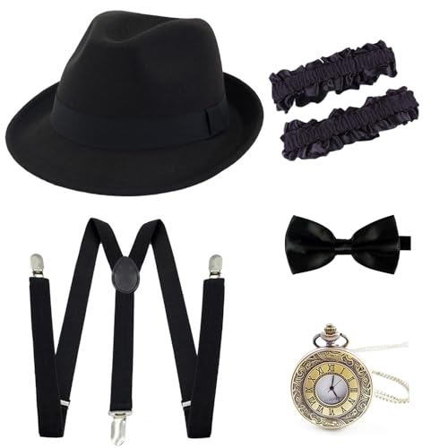 Gionforsy 1920s Accessoires für Herren 20er Jahre Gatsby Gangster Kostüm Zubehör Set Filz Fedora Panama Hut Brüllend 20er Jahre Kostüm, Schwarz, Einheitsgr��e von Gionforsy