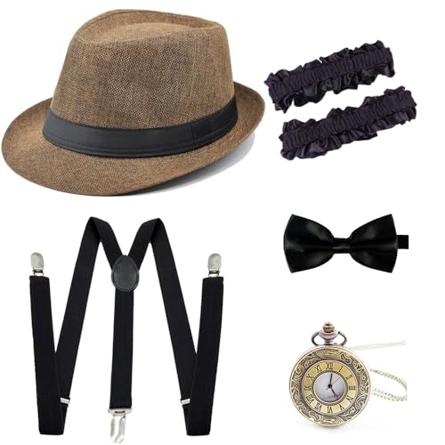 Gionforsy 1920s Accessoires für Herren 20er Jahre Gatsby Gangster Kostüm Zubehör Set Panama Hut Set Brüllende 20er Jahre Kostüm (Panama Hut-Coffee) von Gionforsy