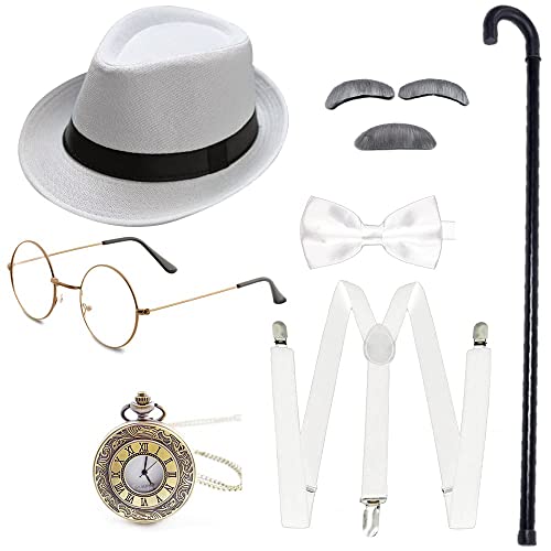 Gionforsy 20er Jahre Herren Kostüm Accessoires Set Gatsby 1920s Mafia Zubehör Set mit Hut Brille Hosenträger Fliege Taschenuhr Stock Bart für Great Gatsby Party Halloween Karneval Fasching (Weiß) von Gionforsy